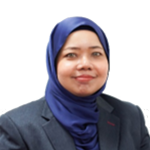 Portrait of a woman wearing a blue hijab and a dark blazer, smiling at the camera, against a plain background.