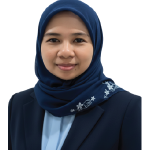 Professional portrait of a woman wearing a navy hijab with floral embroidery, a dark blazer, and a light blue blouse.