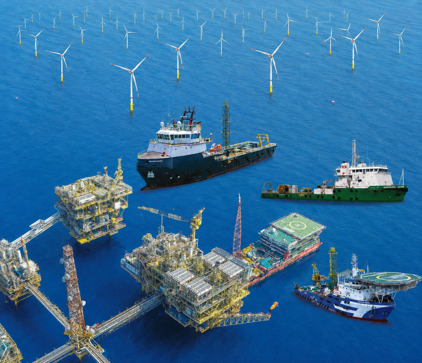 Offshore oil platform with cranes and vessels, set on blue sea with distant wind turbines in the background.